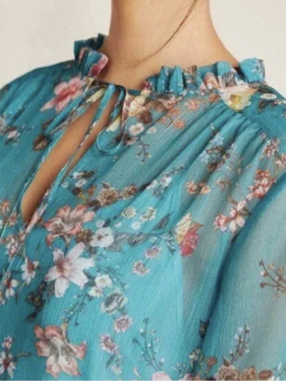 NWT Anthropologie Maive Teal Floral Ruffle-Trim Sheer Long-Sleeve Dress. Size XS - Picture 6 of 16